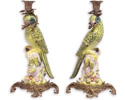 Kandelaar papegaai set van porselein met bronzen montuur – decoratieve vogel kandelaar – antieke stijl kaarsenhouder – luxe woonaccessoires voor sfeervolle verlichting
