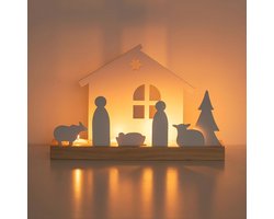 Kandelaar set kerststal - indoor kerst decoratie - wit houten sokkel - tafel schoorsteenmantel - kerstdecoratie idee - klein.