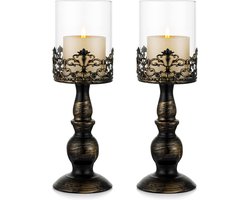 Kandelaar set vintage Distressed Black Hurricane kandelaar 2 stuks, kandelaar voor stompkaars, kaarsenhouder, bruiloftsfeest, huisdecoratie, open haard, mantel, decoratie, 33 cm