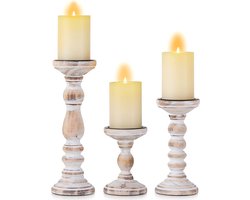 Kandelaar stompkaarsen houten kandelaar: set van 3 witte kaarsen standaard landhuisstijl shabby chic vintage decoratie voor woonkamer tafeldecoratie 15/21/30cm