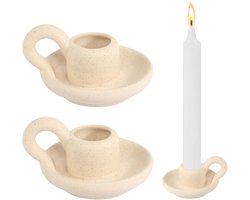 Kandelaar van keramiek, set van 2 keramische kaarsenhouders Scandinavische stijl, kandelaar met handvat, staafkaarsenhouder voor tafeldecoratie, feest, bruiloft (beige)