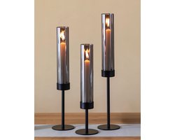 Kandelaar voor Staaskaarsen Zwart met Rookglas: Set van 3 Metalen Kandelaars met Windlicht - Moderne Tafeldecoratie voor Binnen - Buiten - Woonkamer - Kerst
