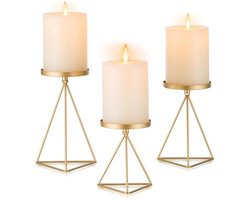 Kandelaar voor stompkaarsen: 3-delige gouden kandelaar, vintage kaarsendienblad, geometrische stompkaarsenhouder, metalen kaarsenhouder voor tafeldecoratie, open haard, bruiloft, Kerstmis,