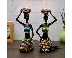 Kandelaars - Afrikaanse Vrouwen - 2 Stuks - Decoratie - Kleurrijk - Tafel Decoratie - Woonkamer Decoratie - Exotisch Wonen - Woon Decoratie - Beeldjes - Waxinelichtjes - Waxinelichtjes houder