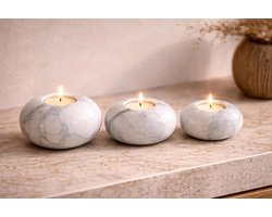 Kandelaars set - Kaarshouders marmer - Tafeldecoratie - Set van drie - Ø10 cm - Wit