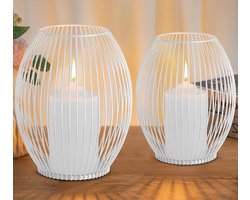 Kandelaars set van 2 - decoratie voor woonkamer en slaapkamer - windlicht kaarsenhouder voor stompkaarsen - tafeldecoratie Kerstmis bruiloft - metaal openen en sluiten - wit.