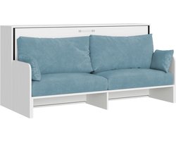 Kando eenpersoonsbed met slaapbank en matras in wit essenhout, lichtblauw