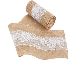 Kant, 15 cm x 240 cm, natuurlijke juteband, kant, vintage, knutselen, jutebanden, decoratief lint, jute met wit kant, jute lint, linnen lint voor bruiloft, feest
