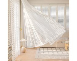 Kant en Klaar Gordijnen - Luxe Tule Gordijnen - Paneel Wit Gordijnen met Pompom Rand - Plissegordijnen Zonder Boren - Curtains voor Woonkamer, Slaapkamer & Bruiloft - B 132 x H 160cm