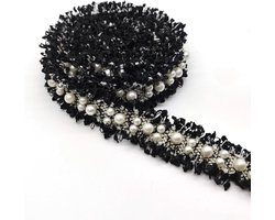 Kant lint gehaakt kant met parels zwarte stoffen band met parels gehaakt kant vintage kralen haakband decoratieband om te naaien