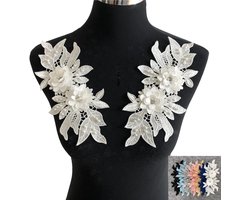 Kanten applicatie, borduurwerk, bloemen, strass, tule, kanten applicatie met bloemenborduurwerk voor doe-het-zelf decolleté, bruidsjurk (geel)