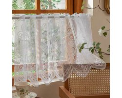 Kanten gordijn – M – Breedte 100 cm x Hoogte 60 cm – Geschikt voor roedes tot 3 cm – Met tunnelzoom – Geschikt voor deuren, keukens en slaapkamers – Lichtgewicht, halfdoorzichtig kant/gaas – Ideaal voor keukens, woonkamers – Roede niet inbegrepen