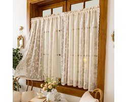 Kanten gordijnen - Bloemengordijnen - Jacquard kanten gordijnen - Cafégordijnen - Korte gordijnen - Vintage - Geschikt voor slaapkamer-, keuken- en caféramen - Beige - 2 stuks - 140*100 cm
