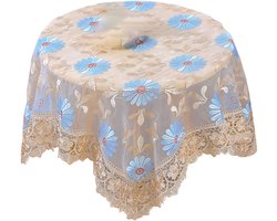 Kanten tafelkleed met gaasborduurwerk, moderne stijl, geschikt voor salontafel, eettafel, nachtkastje en kleine ronde tafel, woondecoratie, blauw, 90x90 cm