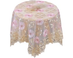 Kanten tafelkleed met gaasborduurwerk, moderne stijl, geschikt voor salontafel, eettafel, nachtkastje en kleine ronde tafel, woondecoratie, roze, 90x90 cm