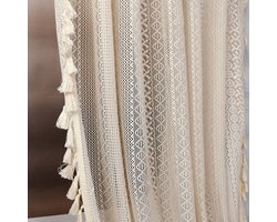 Kantgordijnen Boho met Franjes – Set van 2 - 145x250 cm – Beige - woonstijl - Bohemian interieur - Met plooiband - tunnel -Boho gordijnen