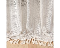 Kantgordijnen Boho met Franjes – Set van 2 - 145x250 cm – warm wit - woonstijl - Bohemian interieur - Met plooiband - tunnel -Boho gordijnen