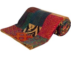 Kantha Quilt Sprei - Patchwork Deken Indiaas - Decoratieve Bedekking - Handgeblokte Patchwork - 220x270 cm - Geel