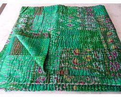 Kantha Sprei - Patchwork Deken - Decoratie Woonkamer - Handgemaakt Borduurwerk - 50 x 70 inch - Groen
