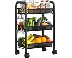 Kantoor Karretje - Rijbaar Opbergrek - 3 Laags Zwart - Remmen & 4 Haakjes - In Elkaar Zetten Zonder Gereedschap - Voor Kantoor, Keuken & Woonkamer