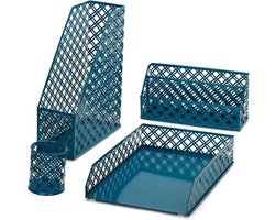 Kantoor-organizer set van 4 stuks van metaalgaas inclusief A4-bak, krantenrek, brievenhouder en pennenhouder - Blauw