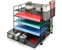 Kantoorbureau-organizer met 5 lades en extra lade - 2 pennenhouders - Gaas kantoorbenodigdheden voor thuis - Bureau-organizer bak voor papieren en brieven Desk Organizer
