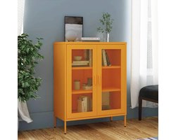 kantoorkast, materiaalkast, buffetkast, keukenkast, dressoir, bijzetkast, geschikt voor keuken, woonkamer, kantoor, werkkamer, mosterdgeel, 80 x 35 x 101,5 cm, staal