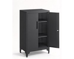 Kantoorkast met Slot 40x60x90 cm, Zwarte Metalen Opbergkast met 2 Deuren en Verstelbare Planken, Stalen Archiefkast voor Kantoor Woonkamer Garage Keuken, Afsluitbare Kast voor Documenten Gereedschap en Accessoires