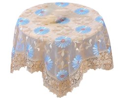 Kanttafelkleed voor salontafel en eettafel - Gordijn geborduurd tafellaken kleine ronde tafel stofhoes - Blauw modern tafelkleed van gaas met borduursels en kant, 90x90 cm