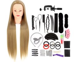 Kappershoofd Oefenhoofd Kapperspop met Statief en Styling Accessoires - Kappers Hoofd - Blond Haar - 65 cm