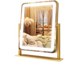 Kapspiegel met verlichting – Grote LED-make-upspiegel met licht – Touchscreen met 3 lichtkleuren – Dimbaar – Voor op de kaptafel of slaapkamer – Goud