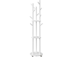 Kapstok 40 x 40 x 175 cm, Kapstok Met Massief Houten Haken En Planken, Staande Kapstok, Ruimtebesparend, Rubberwood + MDF + Staal, Cloud White, Voor Jassen, Tassen En Hoeden