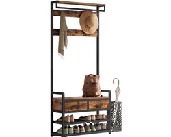Kapstok – 6 in 1 - Met Bank, 2 Laden, Schoenenrek & 10 Haken – Industriële Stijl – Vintage Bruin & Zwart - 181,6 cm