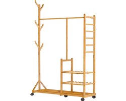 Kapstok bamboe kledingrek met wieltjes, met kledingstang, 3 planken en 6 haken, boomvorm, 100 x 38 x 176 cm, naturel