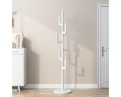 Kapstok, Cactus Design Houten Kledingrek met 6 Haken, Stabiel en Gemakkelijk te Monteren Jasrek voor Hal, Slaapkamer en Kantoor (Wit)