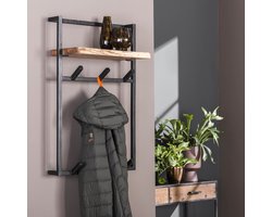 Kapstok Cruz Acaciahout en metaal, met 6 haken en plank - Massief acacia naturel