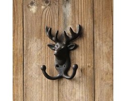Kapstok dubbele haak hert roestbruin 12.5cm x 9cm – wandhaak in de vorm van een hertenkop – metalen kapstok – landelijk vintage tuinhuis design