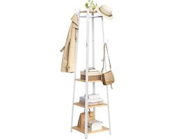 Kapstok en kledingrek – garderobe met 8 dubbele haken, 4 planken en kledingstang, metalen frame, goud-eiken-wolkenwit, ideaal voor hal