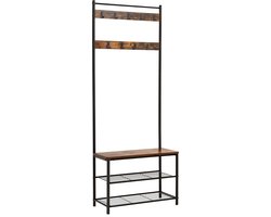 Kapstok en multifunctioneel halmeubel met schoenenbank, dubbel metalen schoenenrek en 9 afneembare haken, industrieel design, stevig metalen frame, geschikt voor gang en slaapkamer, 32 x 70 x 175cm, bruin + zwart