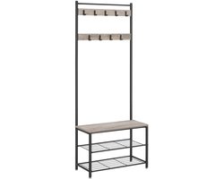 Kapstok en multifunctioneel halmeubel met schoenenbank, dubbel metalen schoenenrek en 9 afneembare haken, industrieel design, stevig metalen frame, geschikt voor gang en slaapkamer, 32 x 70 x 175cm, grijs + zwart
