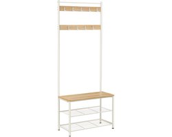 Kapstok en multifunctioneel halmeubel met schoenenbank, dubbel metalen schoenenrek en 9 afneembare haken, industrieel design, stevig metalen frame, geschikt voor gang en slaapkamer, 32 x 70 x 175cm, Wit+naturel