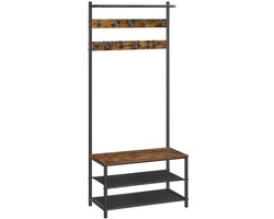 Kapstok en multifunctioneel halmeubel met schoenenbank, dubbel Oxford-doek schoenenrek en 9 afneembare haken, industrieel design, stevig metalen frame, geschikt voor gang en slaapkamer, 32,2 x 64 x 180 cm, bruin + zwart
