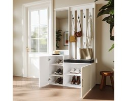 Kapstok garderobekast 100x40x180 cm, halmeubel met spiegel, schoenenkast en zitbank, garderobe met 2 deuren, lades en haken, moderne opbergkast wit