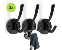 Kapstok haken Dubbel - Jashaak Zwart - 3 stuks - Wandkapstok hangend - Kapstokhaak Metaal