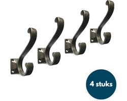 Kapstok haken gietijzer - Dubbele haak - Wandhaken - Jashaak - Blanke coating - 4 stuks