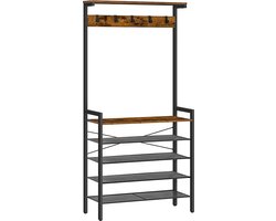 Kapstok, kapstok met schoenopslag, industriële hal boom, grote hal standaard, 5 verwijderbare haken, houten accent bovenste plank, ingang opbergplank, metalen frame, rustieke bruin E