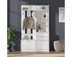Kapstok - kledingrek - schoenenbank - kledingkast - 2 lades - 2 uitklapbare schoenenkastjes - 3 haken - een glazen spiegel - daarnaast drie planken - hal - slaapkamer - woonkamer - wit - 110x34x185cm