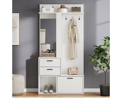 Kapstok - kledingrek - schoenenbank - kledingkast - 2 lades - 3 haken voor jassen en hoeden - een glazen spiegel - daarnaast drie planken - hal - slaapkamer - woonkamer - 90x30x180cm - wit