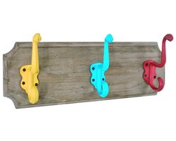 Kapstok – Massief hout met vintage finish – 3 metalen haken – 35 cm breed – Kleurrijk en decoratief
