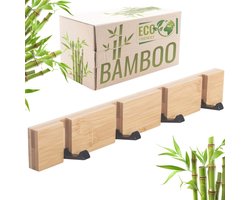 Kapstok met 4 uitklapbare haken van bamboe en staal - Wandkapstok voor jassen en accessoires